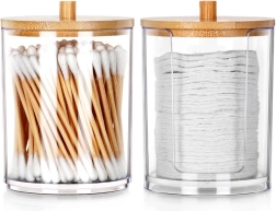 Set of jars for cotton swabs and makeup remover pads, 2 pcs, acrylic with bamboo lid