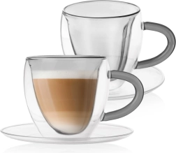 Double-Walled Thermal Cups with Saucers, 160 ml, Heart Shape, Set of 2