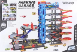 Liela daudzstāvu garāža ar mašīnītēm un helikopteru laukumu