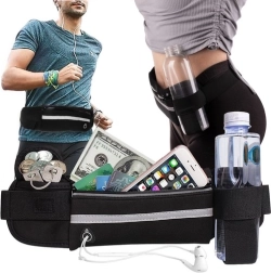 Skriešanas vēdersoma ar pudeļu turētāju, atstarotāju un austiņu izvadu – melna