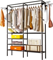 Dubultais drēbju statīvs RUHHY loft stilā ar plauktiem