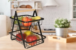 Divstāvu metāla augļu grozs ar koka rokturi, melns