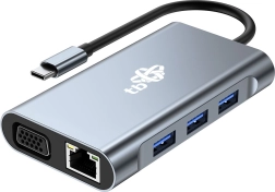 USB‑C centrmezgls 8‑in‑1 ar HDMI, VGA, RJ45 un PD barošanu