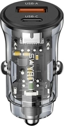 Auto lādētājs 30W 1xUSB + 1xUSB-C ātrā uzlāde