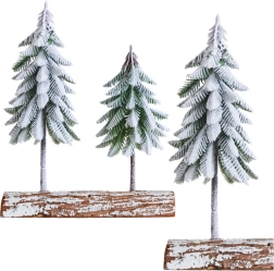 Dekoratīva Ziemassvētku kompozīcija ar apsnigušiem kociņiem uz koka pamatnes 34 × 28 cm