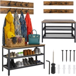 Apavu plaukts ar soliņu un pakaramo RUHHY 73 cm, industriāls loft stils, brūna virsma