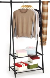 Metāla drēbju statīvs ar 2 plauktiem, melns MODERNHOME