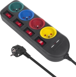Kontaktligzdas sadalītājs ar slēdžiem: 4 ligzdas + 2×USB, melns