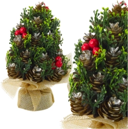Mini Ziemassvētku eglīte ar čiekuriem un sarkanām ogām 17 × 10 cm