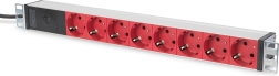 Barošanas sloksne 19″ rack skapim DIGITUS, 8× sarkanas Schuko rozetes, C14 ieeja, kabelis 2 m, 10 A, alumīnijs