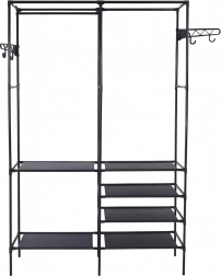 Stāvošs apģērbu pakaramais ar plauktiem – melns metāls