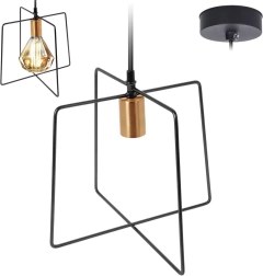 Piekaramā metāla lampa melnā krāsā ar zeltītu E27 patronu, ģeometrisks rāmis
