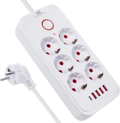 Pagarinātājs ar pārsprieguma aizsardzību – strāvas sloksne ar 6 rozetēm, 4× USB‑A un 1× USB‑C, 2500 W, balta