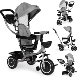 Bērnu trīsritenis-ratiņi 2v1 ar grozāmu sēdekli un salokāmu jumtiņu, pelēks ECOTOYS