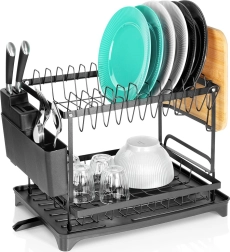 Metāla trauku notecinātājs, melns, divlīmeņu, 42 × 29 × 36,5 cm