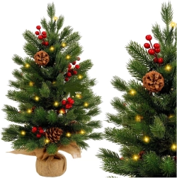 Galda mākslīgā Ziemassvētku eglīte ar sarkanām ogām un LED gaismām 60 × 20 cm