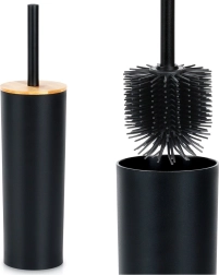 Toilet brush with stand, black metal and bamboo, 36.5 cm