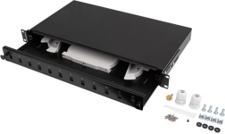Optiskā sadalpanelis 19'' 1U, 12× SC simplex / 12× LC duplex, izvelkams, melns + piederumi