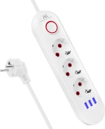 Pārsprieguma aizsargāta pagarinātāja līste ar 3 rozetēm un 3× USB, balta