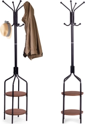 Brīvi stāvošs drēbju pakaramais ar plauktiem, 8 āķi, 180 cm, melns ModernHome