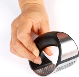 Stainless steel garlic press with ergonomic handle