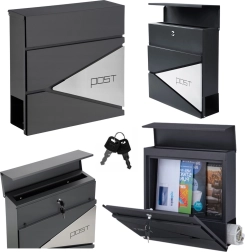 Liela antracīta krāsas pastkaste vēstulēm un avīzēm ar uzrakstu POST, A4 formāts