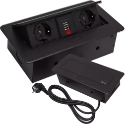 Iebūvējama rozetes sloksne virsmā ar 2 kontaktligzdām un 2 USB, melna