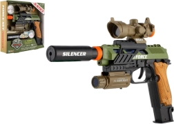 Plastmasas pistole ar gaismu un skaņu, uz baterijām, ar piederumiem