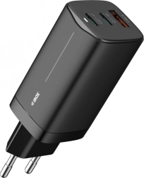 Sienas lādētājs GaN 65 W, 2× USB-C + USB-A, melns