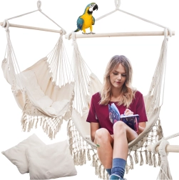 Brazīlijas piekaramais šūpuļkrēsls ar spilveniem boho stilā, bēšs