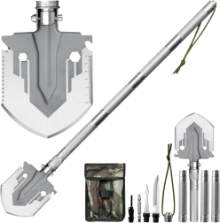 Saliekamā militārā lāpsta 16‑in‑1 ar nazi un ugunskristu