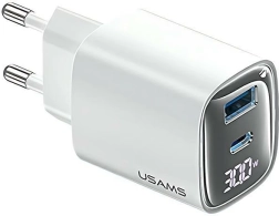 Tīkla lādētājs 30W GaN ar LED displeju USB + USB‑C balts