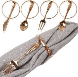 Metallic Gold Napkin Rings with Hanging Cutlery Charms, 4 cm, Set of 4