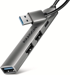 Axagon HUE-STA alumīnija USB centrs ar 4 portiem (1× USB‑A 5 Gbps, 2× USB‑A 2.0, 1× USB‑C 2.0) ar 12 cm kabeli