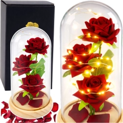 Mūžīgās sarkanās rozes stikla kupolā ar LED apgaismojumu 21,5 × 11 cm