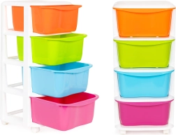 Krāsains plastmasas organizators ar četrām atvilktnēm uz riteņiem