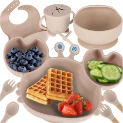 Silikona ēdināšanas komplekts bērniem – krabis, 9 daļas, bēšs