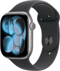Apple Watch Series 11 GPS 46 mm alumīnija korpuss Zvaigžņu pelēks ar melnu sporta siksniņu S/M