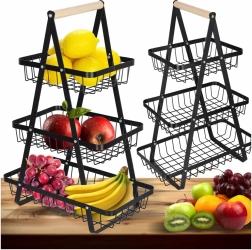 Trīsstāvu metāla augļu grozs ar koka rokturi, melns