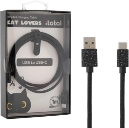 USB‑C uzlādes kabelis ar melnu kaķi un silikona siksniņu garuma regulēšanai
