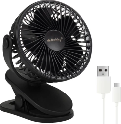 Ruhhy cordless desk fan with clip, black, USB‑C 1200 mAh