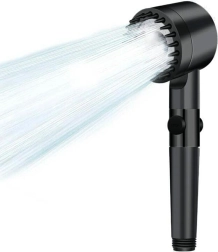 Melnā dušas galva ar STOP funkciju un plūsmas regulāciju