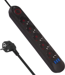 Pagarinātājs ar pārsprieguma aizsardzību ar 5 kontaktligzdām un 3× USB, 2500 W, melns