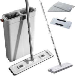 Cleaning Set with Flat Mop and Dual-Chamber Microfiber Bucket