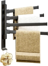 Pagriežams dvieļu turētājs ar 4 svirām — melns alumīnijs