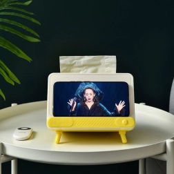 Papīra kabatlakatiņu kaste ar tālruņa turētāju retro TV stilā – dzeltena