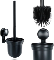 Silicone toilet brush with wall-mounted holder and drip tray, black