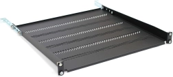 19" rack plaukts 1U, 483 × 450 mm, melns, perforēts ar regulējamu montāžu un atbalstu