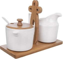 Porcelāna cukurtrauks un piena krūzīte WHITELINE uz bambusa statīva 2×280 ml, 3 daļu komplekts