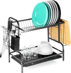 Metāla trauku žāvētājs, melns, divlīmeņu 52 × 24,5 × 40 cm